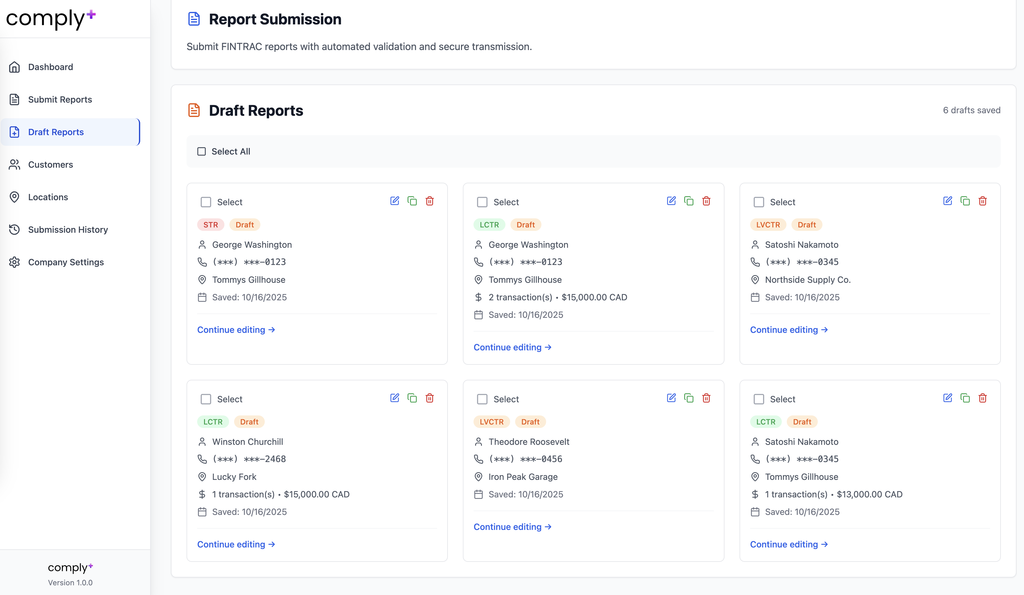 Draft report rows with indicators and actions.